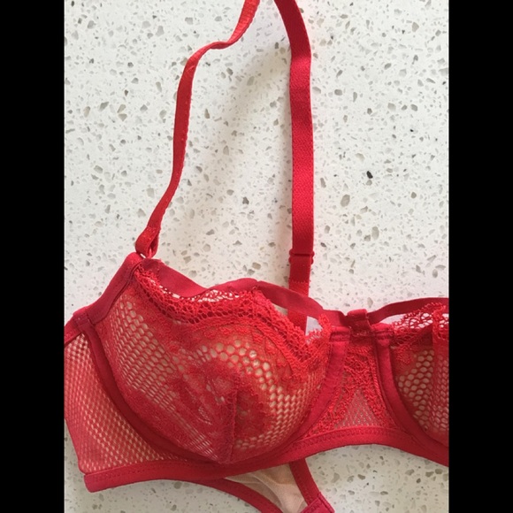 JEZEBEL sexy red stretch tulle with lace bra & bikini set - Picture 2 of 10